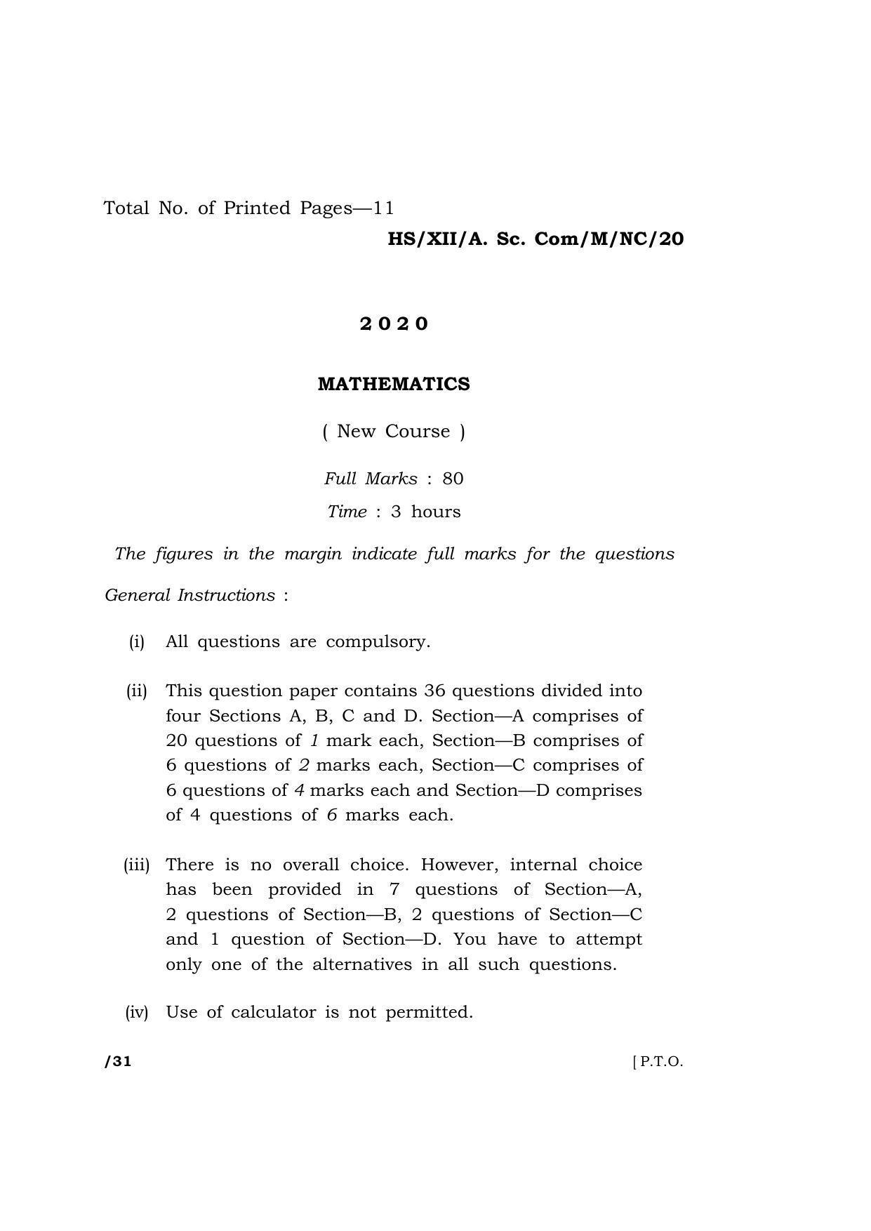 Meghalaya Board (MBOSE) Class 12 MATHEMATICS 2020 Question Paper - Page 1