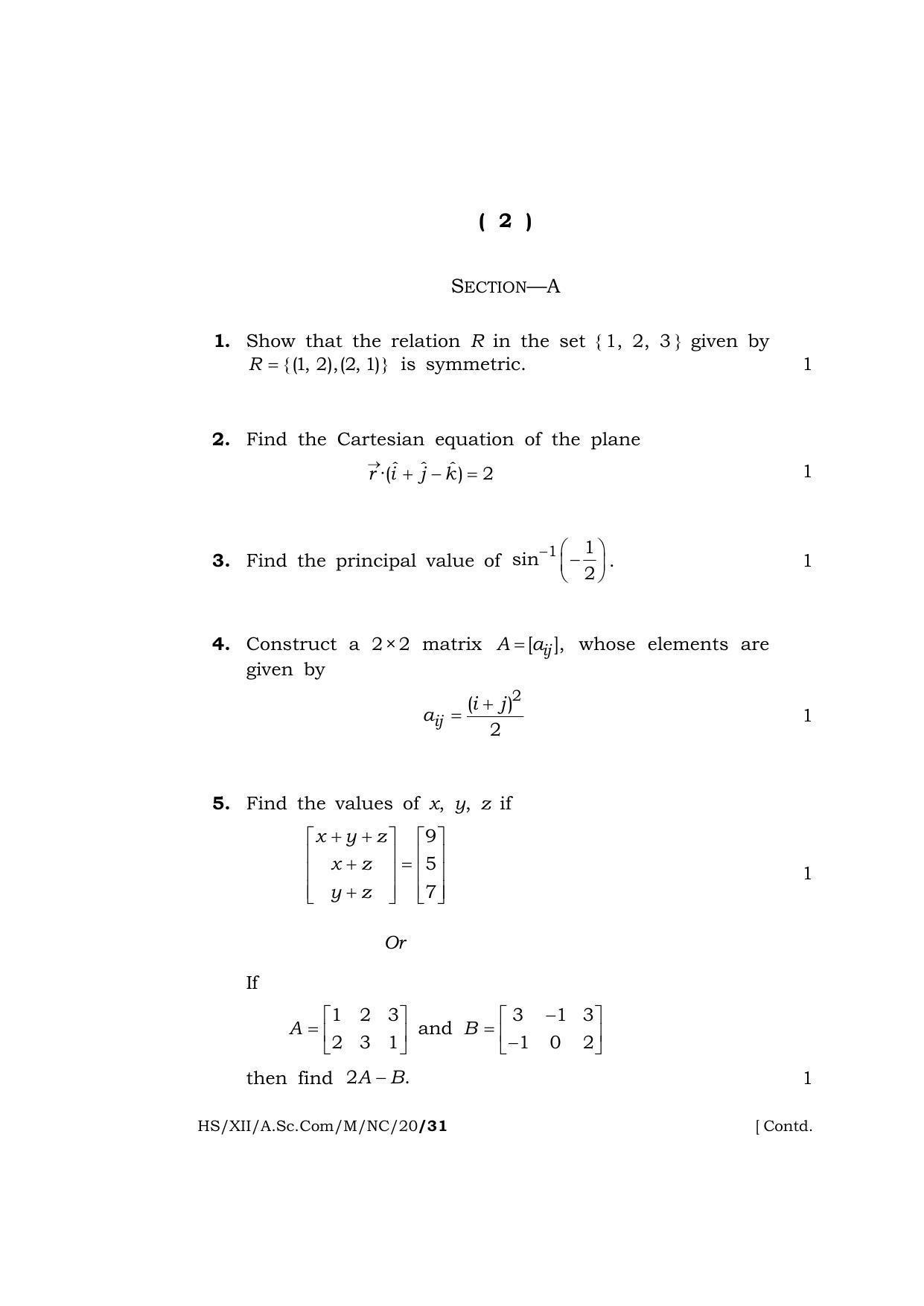 Meghalaya Board (MBOSE) Class 12 MATHEMATICS 2020 Question Paper - Page 2