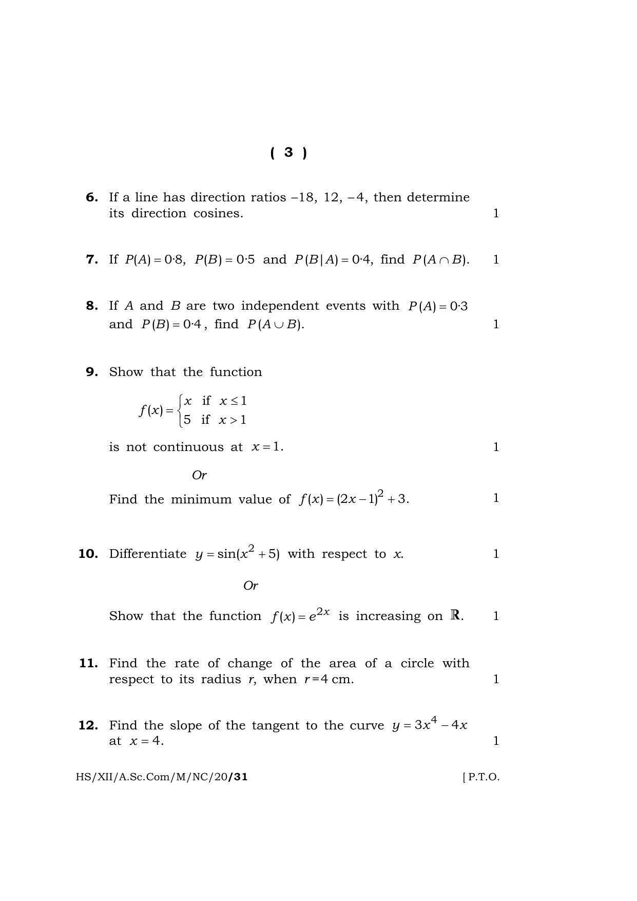 Meghalaya Board (MBOSE) Class 12 MATHEMATICS 2020 Question Paper - Page 3