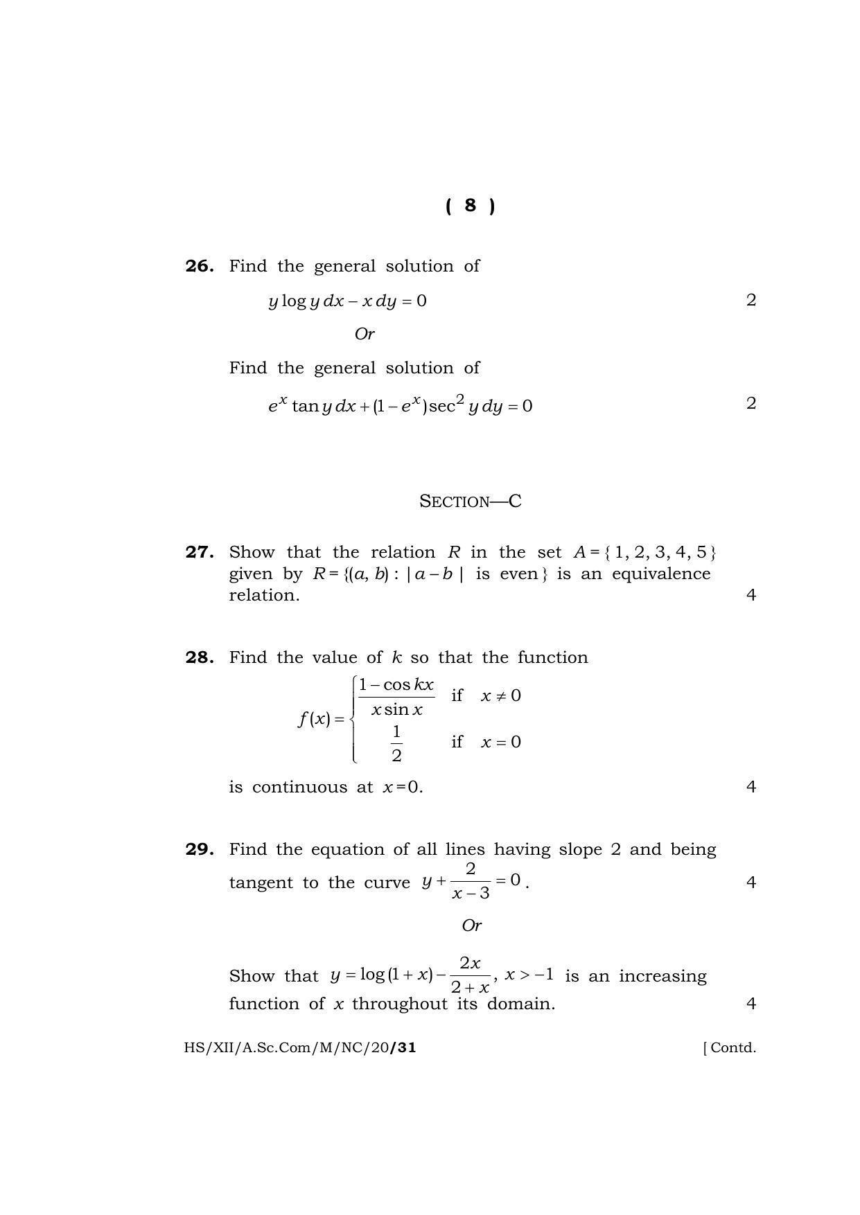 Meghalaya Board (MBOSE) Class 12 MATHEMATICS 2020 Question Paper - Page 8