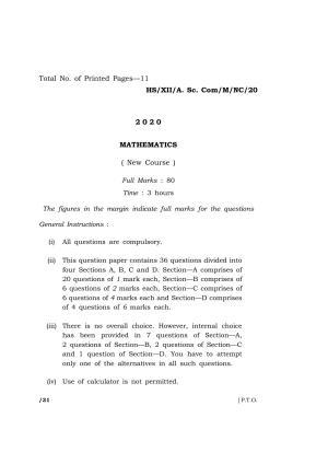 Meghalaya Board (MBOSE) Class 12 MATHEMATICS 2020 Question Paper