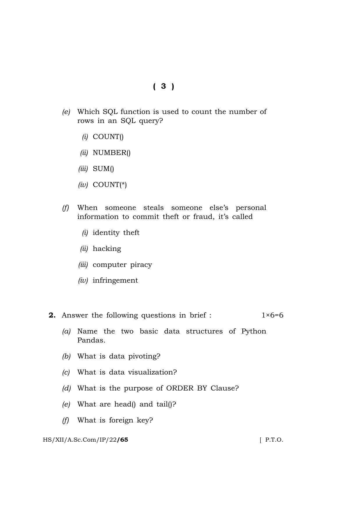 Meghalaya Board (MBOSE) Class 12 INFORMATICS PRACTICES  (HS-XII-A-Sc-Com-IP-22) 2022 Question Paper - Page 3