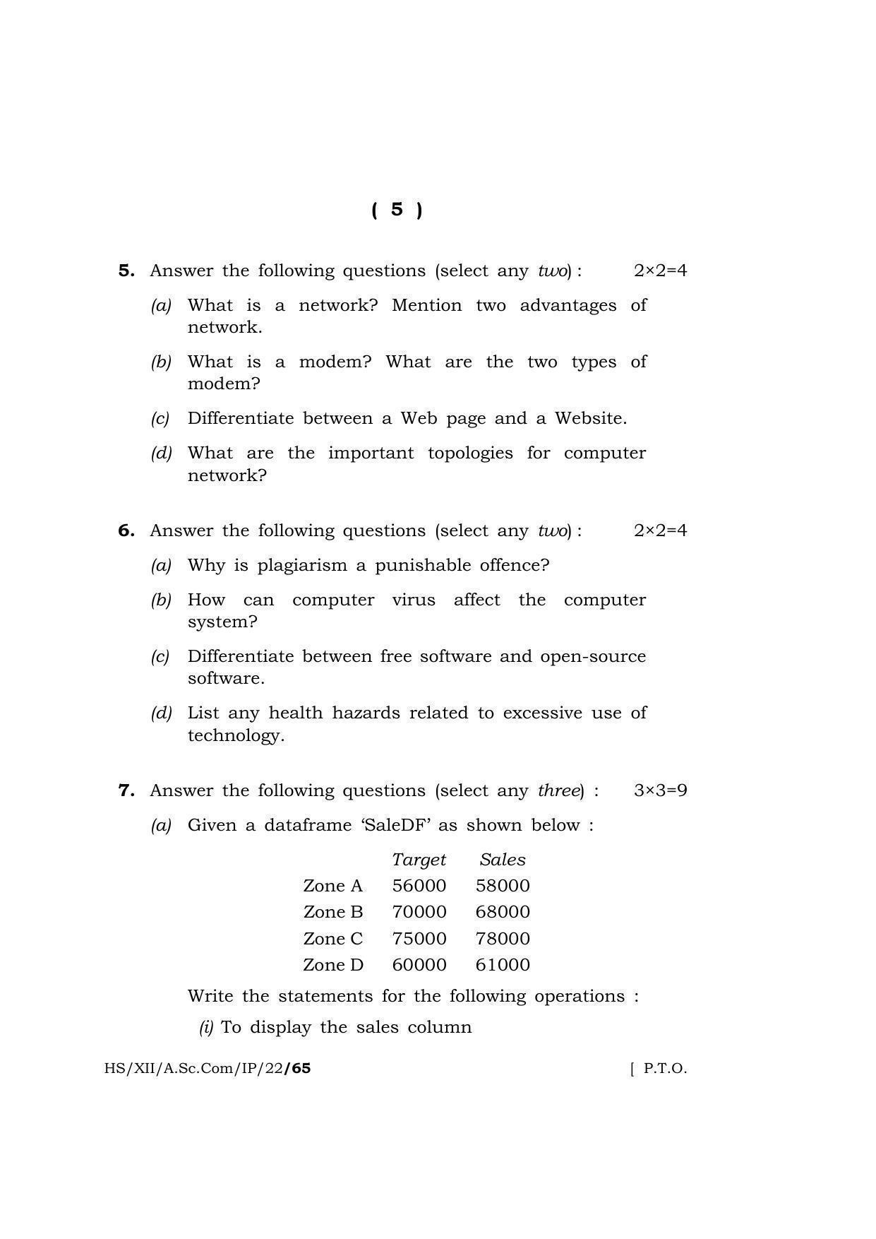 Meghalaya Board (MBOSE) Class 12 INFORMATICS PRACTICES  (HS-XII-A-Sc-Com-IP-22) 2022 Question Paper - Page 5