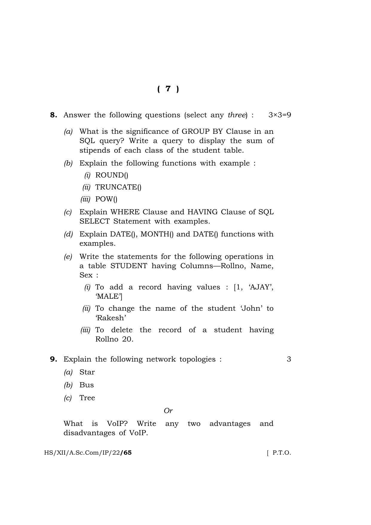Meghalaya Board (MBOSE) Class 12 INFORMATICS PRACTICES  (HS-XII-A-Sc-Com-IP-22) 2022 Question Paper - Page 7