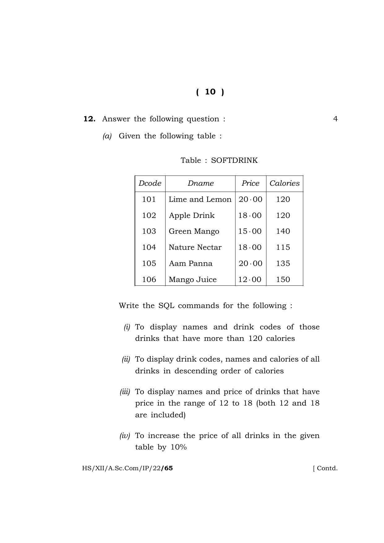 Meghalaya Board (MBOSE) Class 12 INFORMATICS PRACTICES  (HS-XII-A-Sc-Com-IP-22) 2022 Question Paper - Page 10