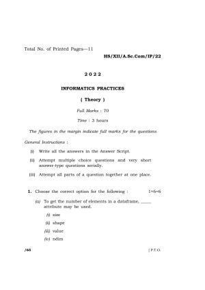 Meghalaya Board (MBOSE) Class 12 INFORMATICS PRACTICES  (HS-XII-A-Sc-Com-IP-22) 2022 Question Paper