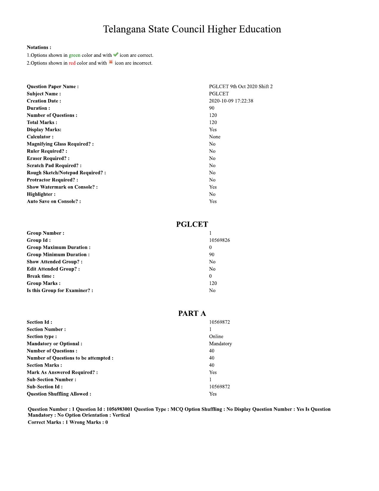 TS PGLCET 9th Oct 2020 Shift 2 Question Paper - Page 1