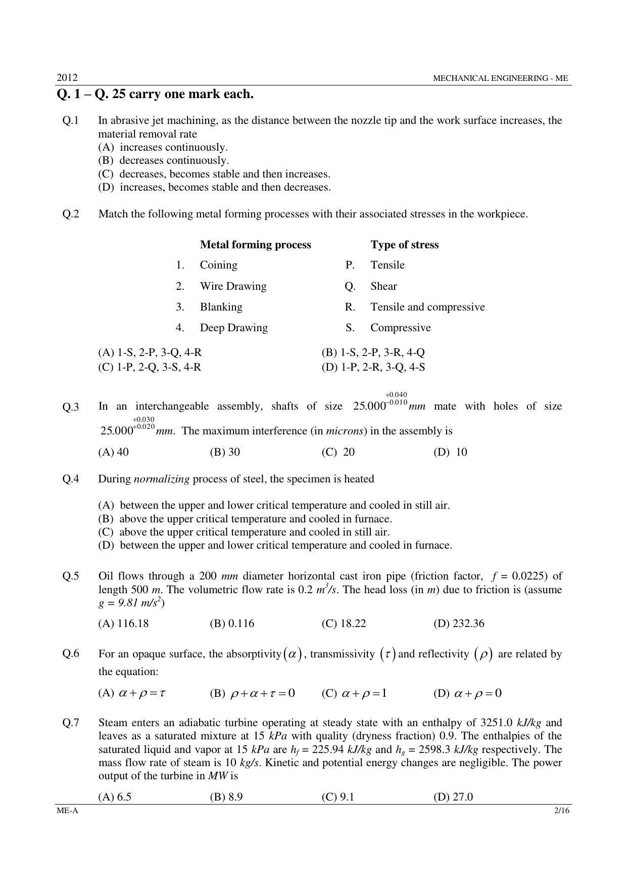 GATE 2012 Mechanical Engineering (ME) Question Paper with Answer Key - Page 2