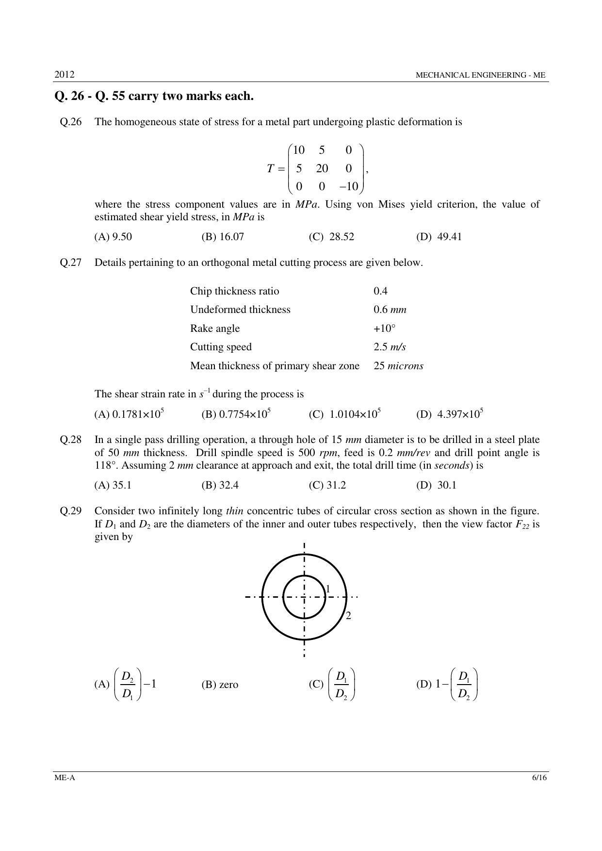 GATE 2012 Mechanical Engineering (ME) Question Paper with Answer Key - Page 6