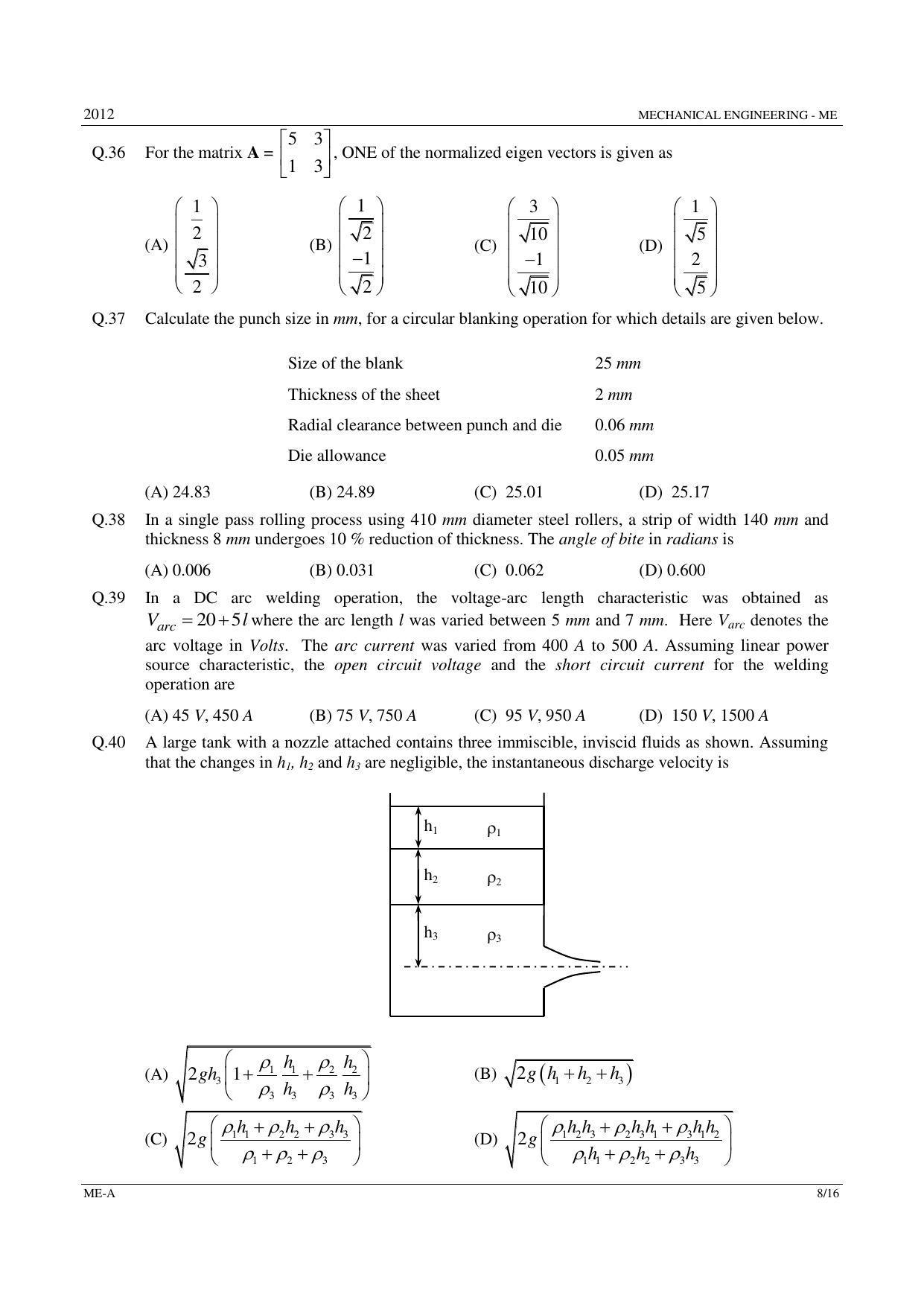 GATE 2012 Mechanical Engineering (ME) Question Paper with Answer Key - Page 8