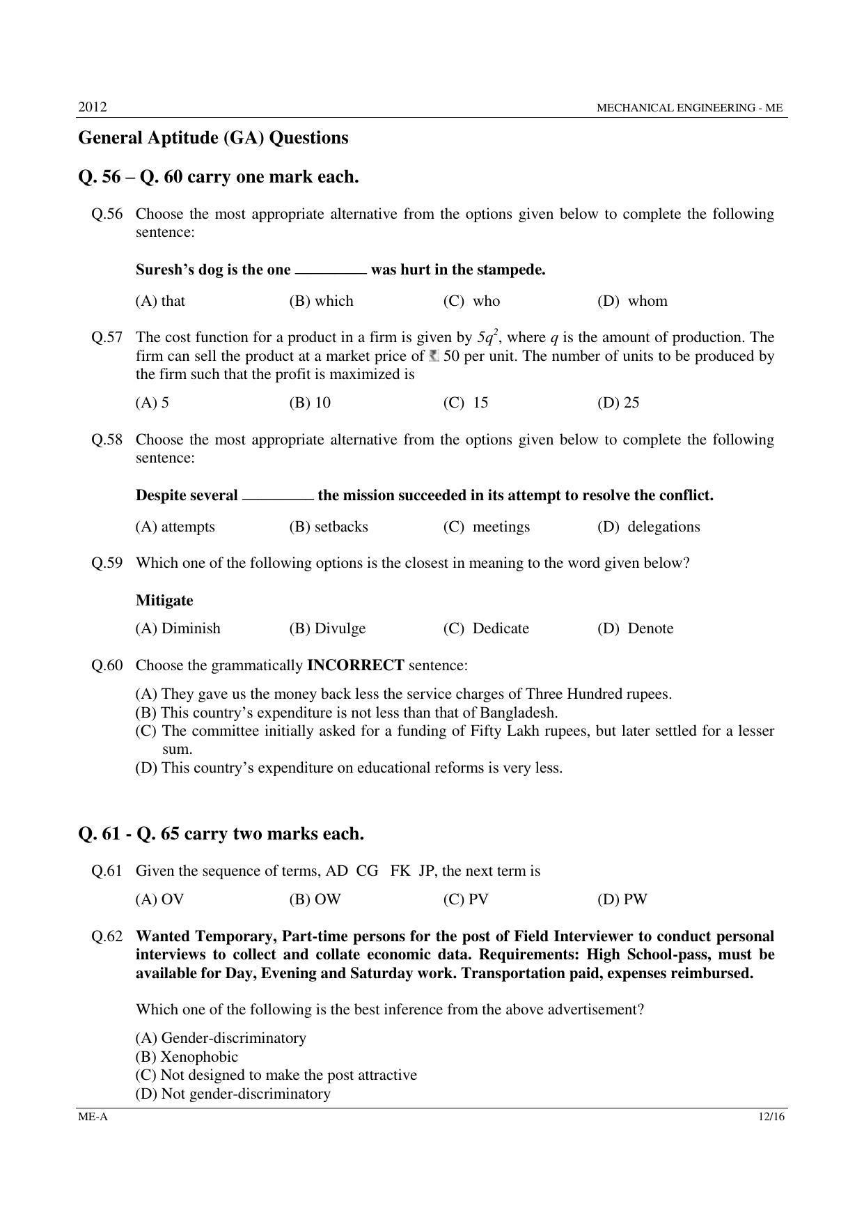 GATE 2012 Mechanical Engineering (ME) Question Paper with Answer Key - Page 12