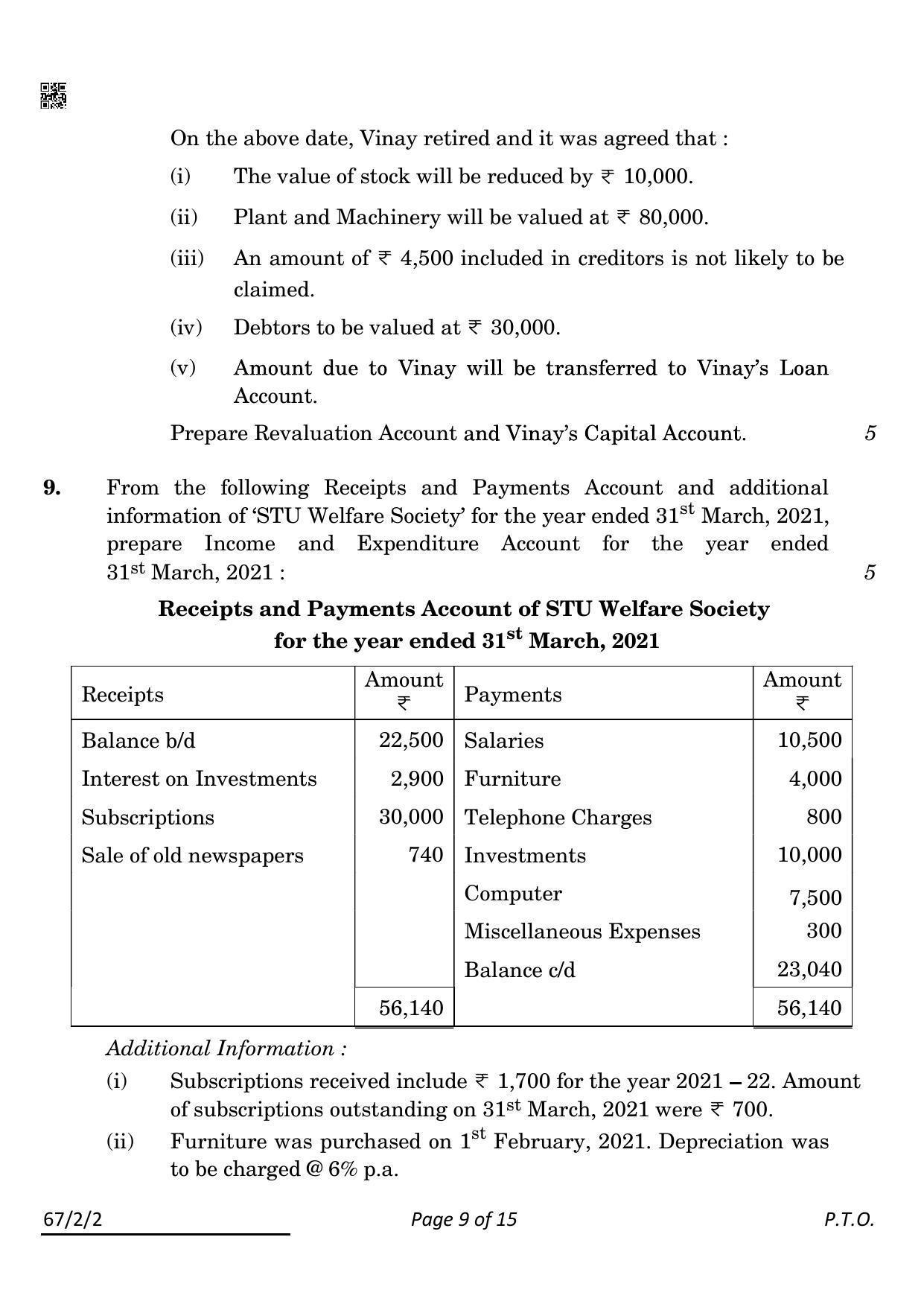 CBSE Class 12 67-2-2 Accountancy 2022 Question Paper - Page 9