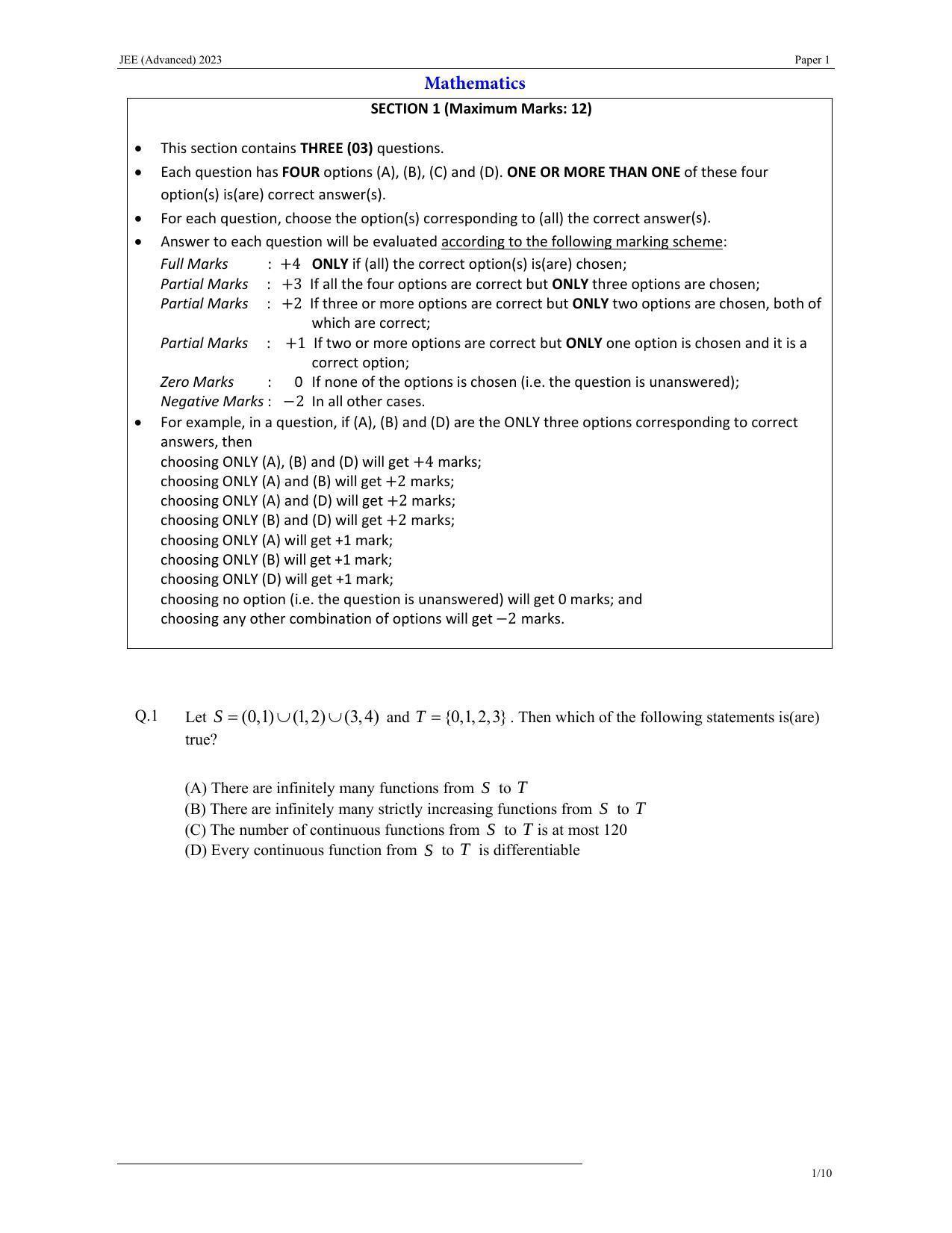 JEE (Advanced) 2023 Paper I - Mathematics Question Paper - Page 1