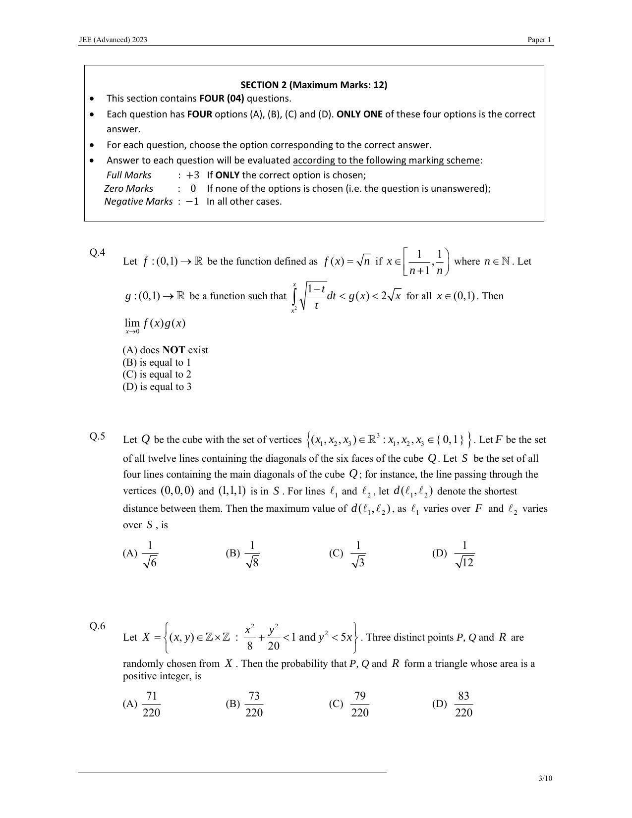 JEE (Advanced) 2023 Paper I - Mathematics Question Paper - Page 3