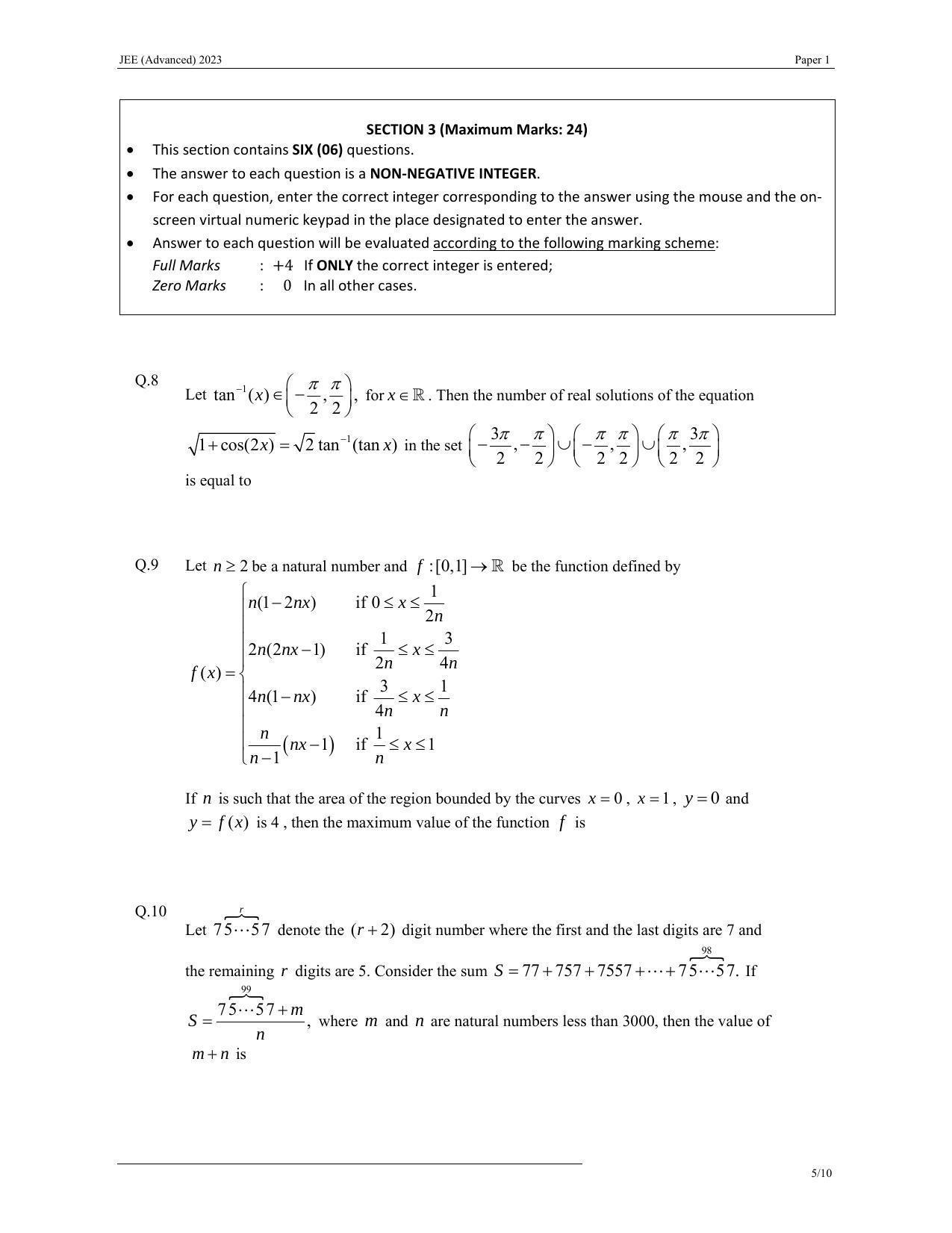 JEE (Advanced) 2023 Paper I - Mathematics Question Paper - Page 5