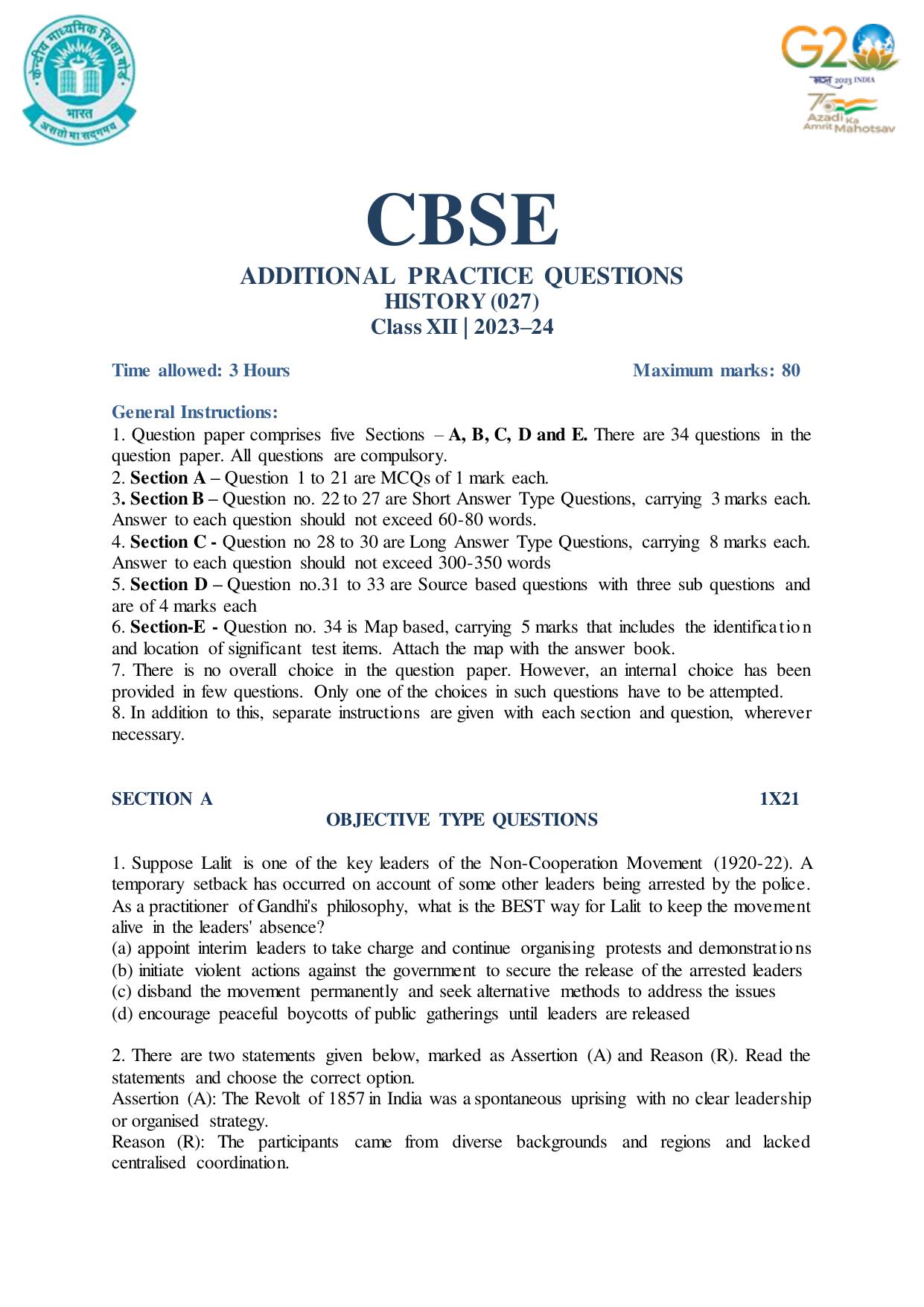 CBSE Class 12 History SET 1 Practice Questions 2023-24 - Page 1
