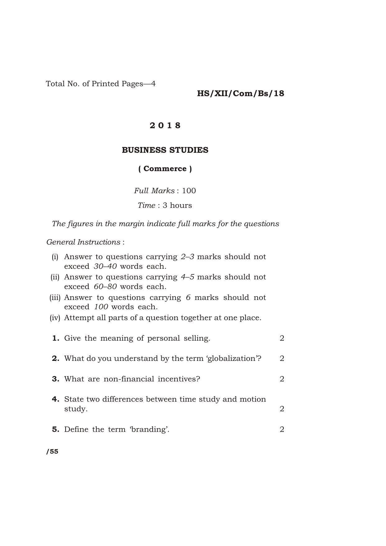 Meghalaya Board (MBOSE) Class 12 BUSINESS STUDIES 2018 Question Paper - Page 1