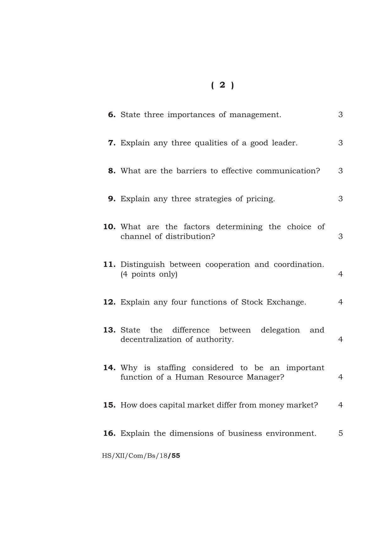Meghalaya Board (MBOSE) Class 12 BUSINESS STUDIES 2018 Question Paper - Page 2