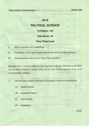 COHSEM Class 12 Political Science 2018 Question Papers