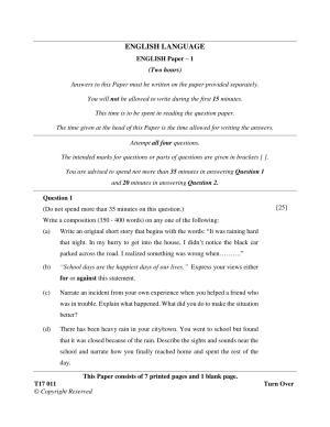 ICSE Class 10 English Paper I (ENGLISH LANGUAGE)  2017 Question Paper