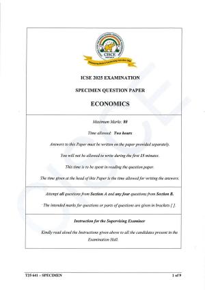 ICSE Class 10 2025 Economics (QP & MS) Specimen Paper