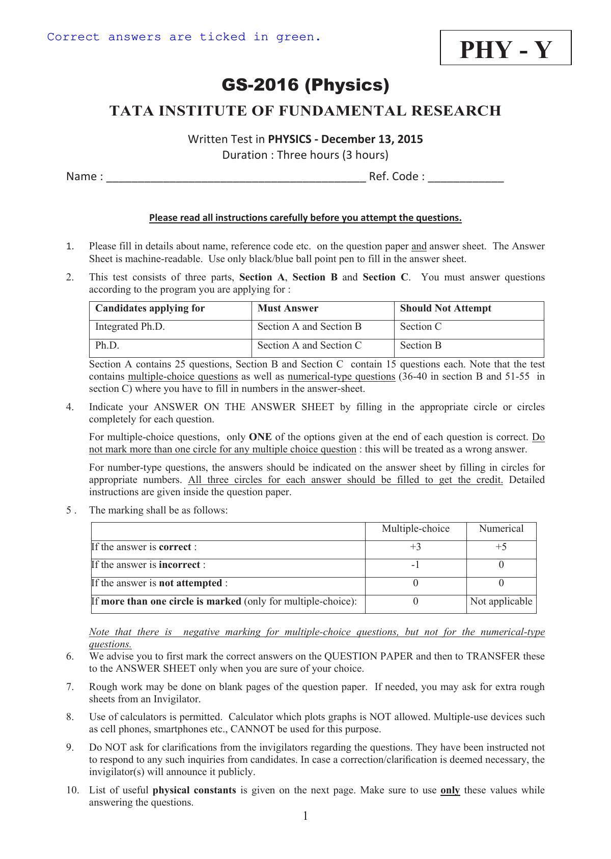 TIFR GS 2016 Physics Y Question Paper - Page 1