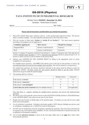 TIFR GS 2016 Physics Y Question Paper