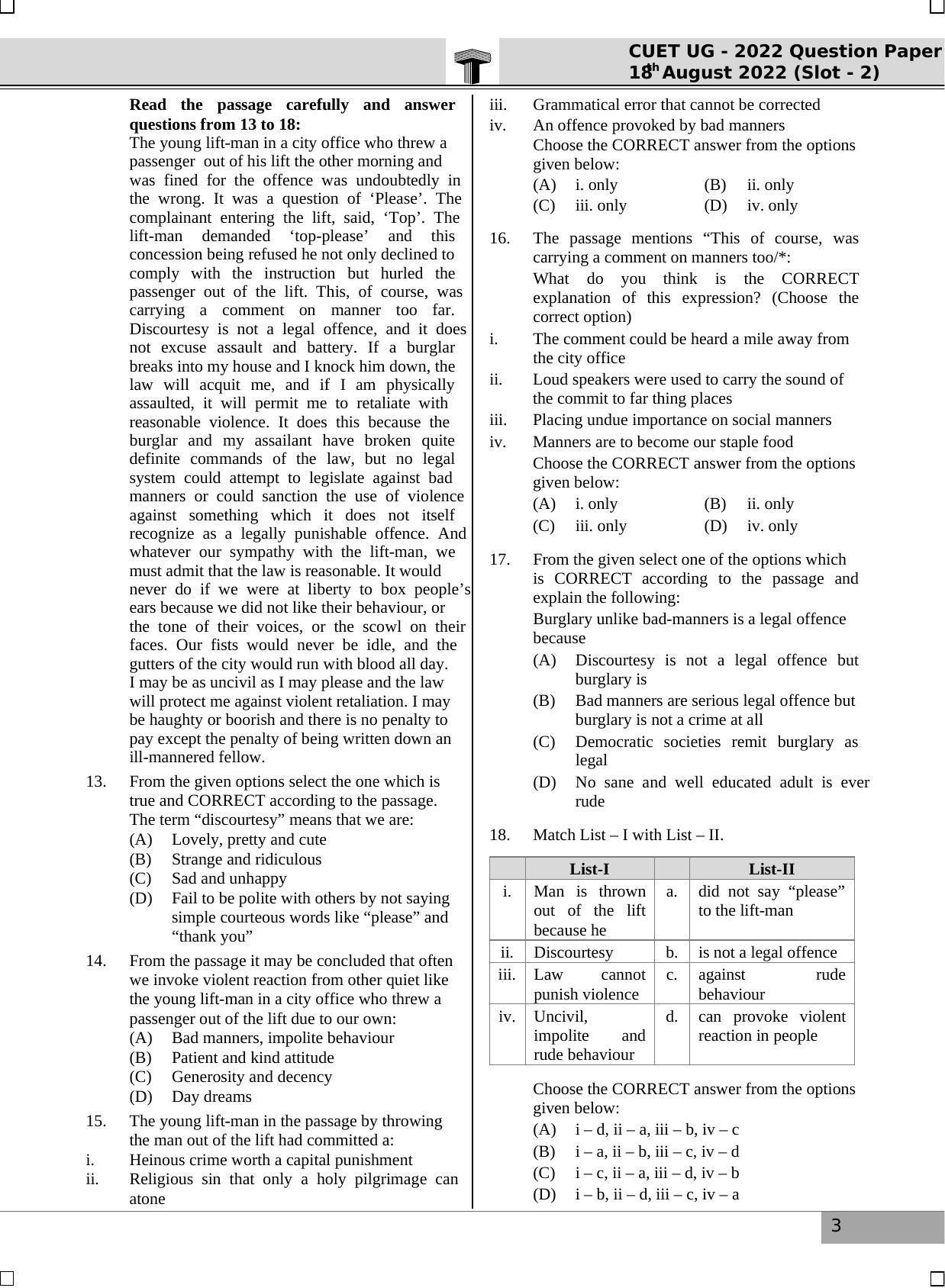CUET (UG) 2022 English (18th aug 2022, Slot 2) Exam Question Papers - Page 3