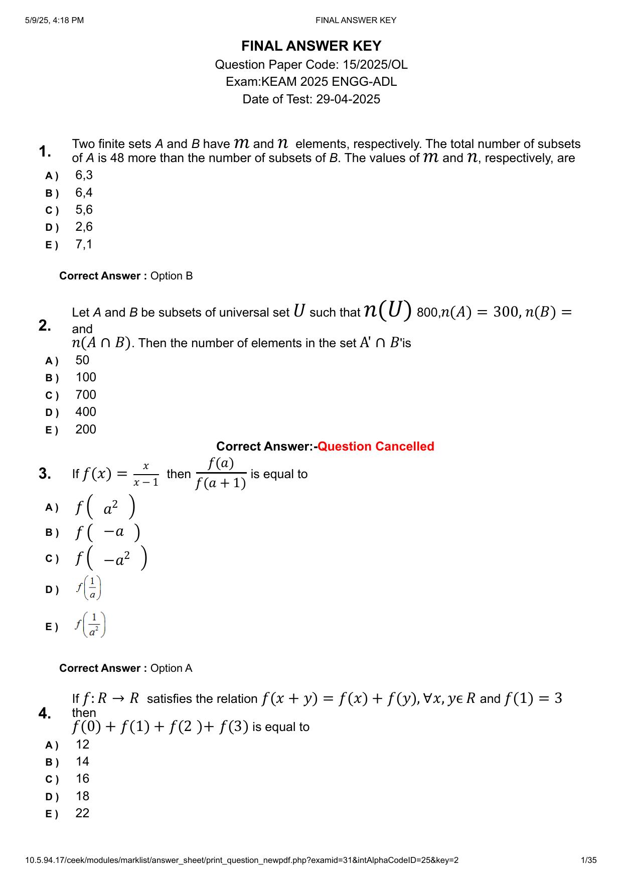 KEAM 2025 April 29 (Engineering - AN Session) Question Paper with Answer Key - Page 1