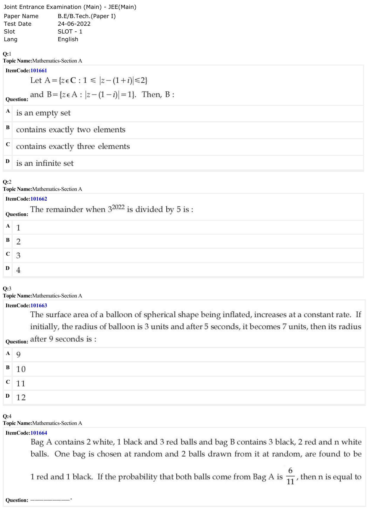 JEE Mains 2022: BTech English (Shift 1) 24-06-2022 Question Paper - Page 1