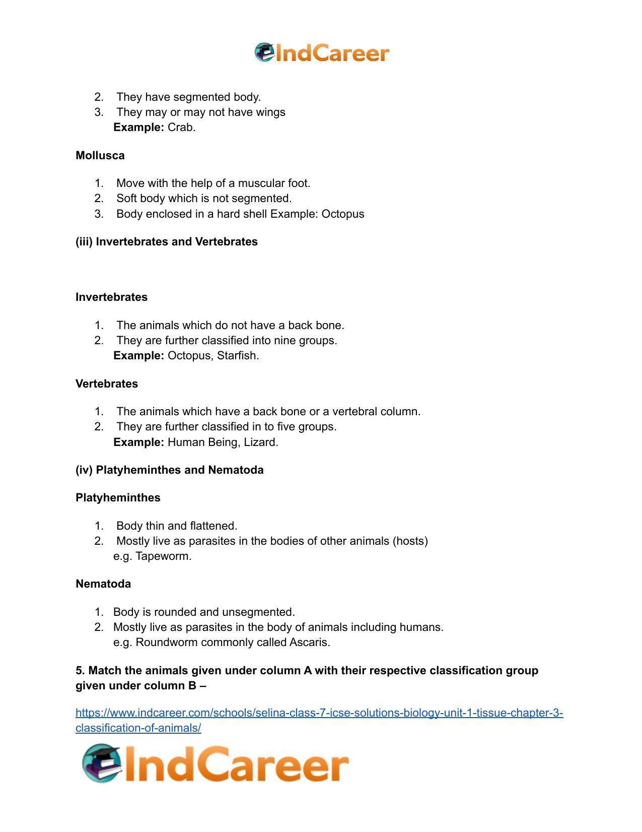 Selina Class 7 ICSE Solutions Biology (Unit 1) - Tissue: Chapter 3- Classification of Animals - Page 6