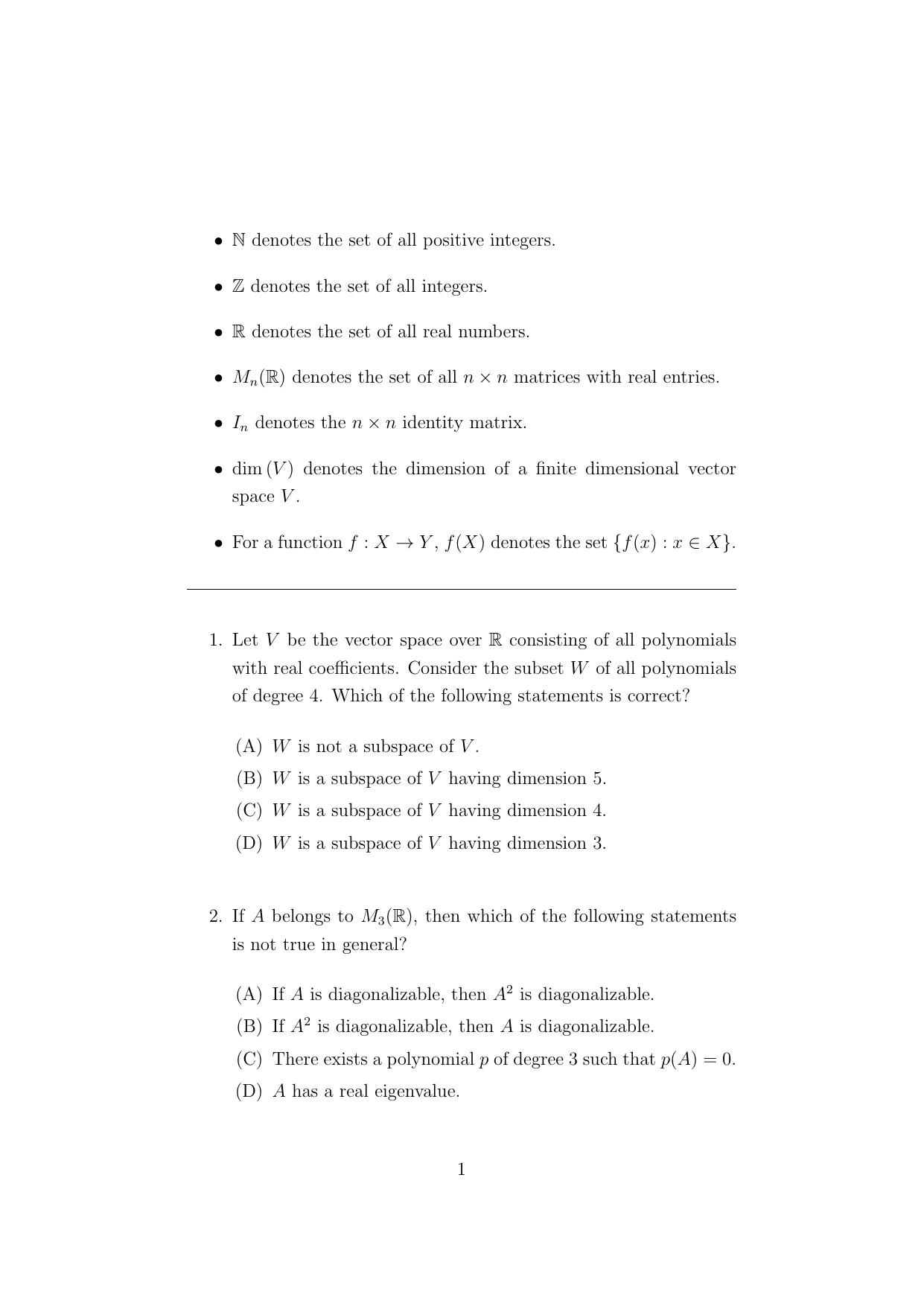 ISI Admission Test Master of Mathematics (M.Math) (PMA) 2024 Sample Paper - Page 1