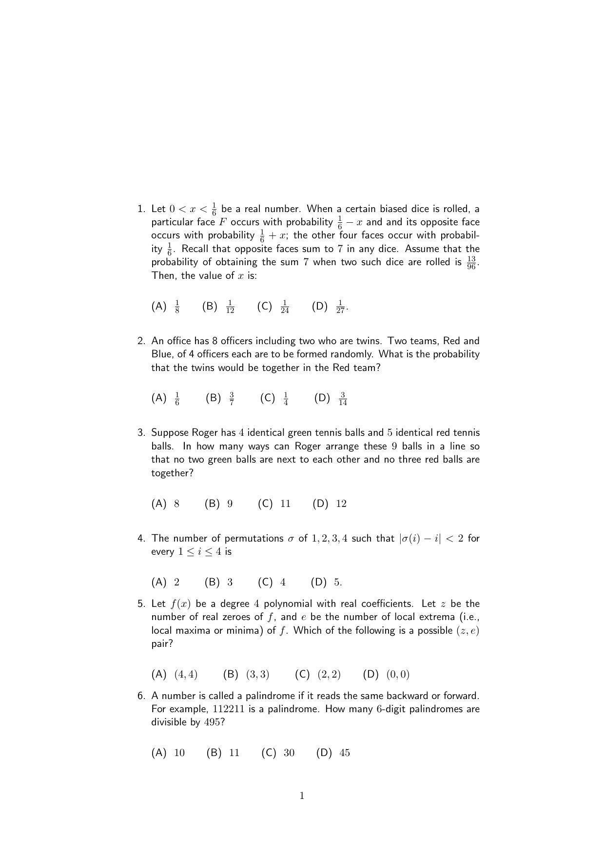 ISI Admission Test B.Math UGA 2018 Sample Paper - Page 1