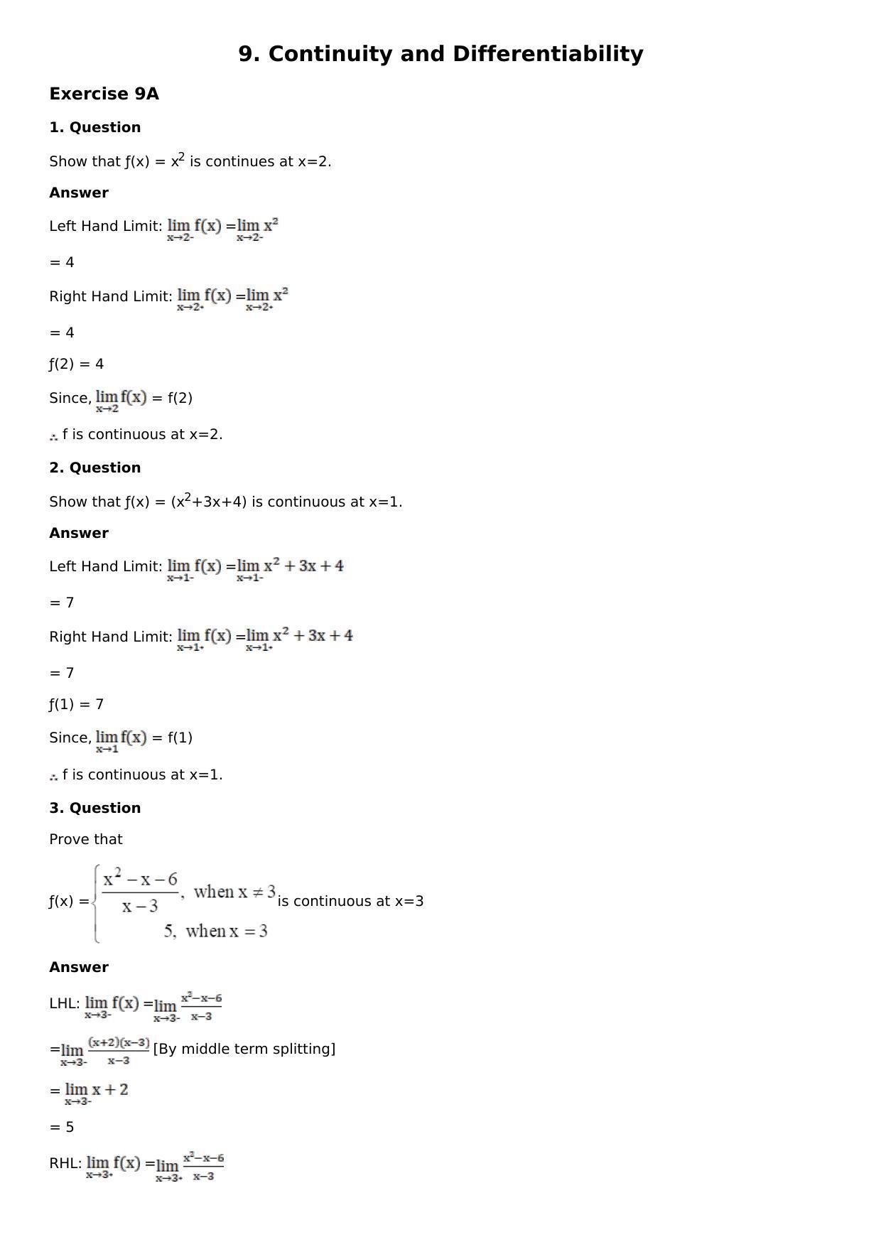 Chapter 9: Continuity and Differentiability Solutions: RS Aggarwal Class 12 Solutions - Page 1