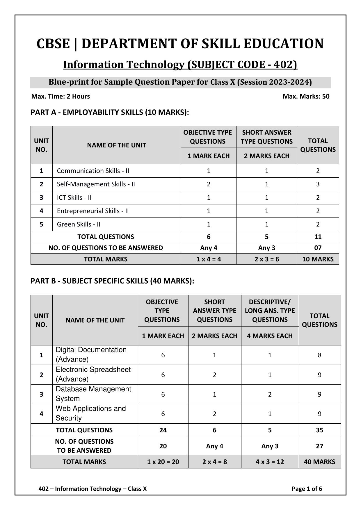 CBSE Class 10 (Skill Education) Information Technology Sample Papers 2024 - Page 1