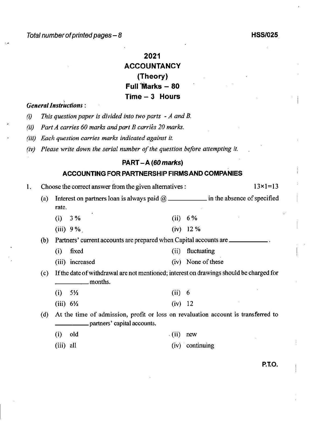 MBSE HSSLC 2021 Commerce Question Paper - Page 1