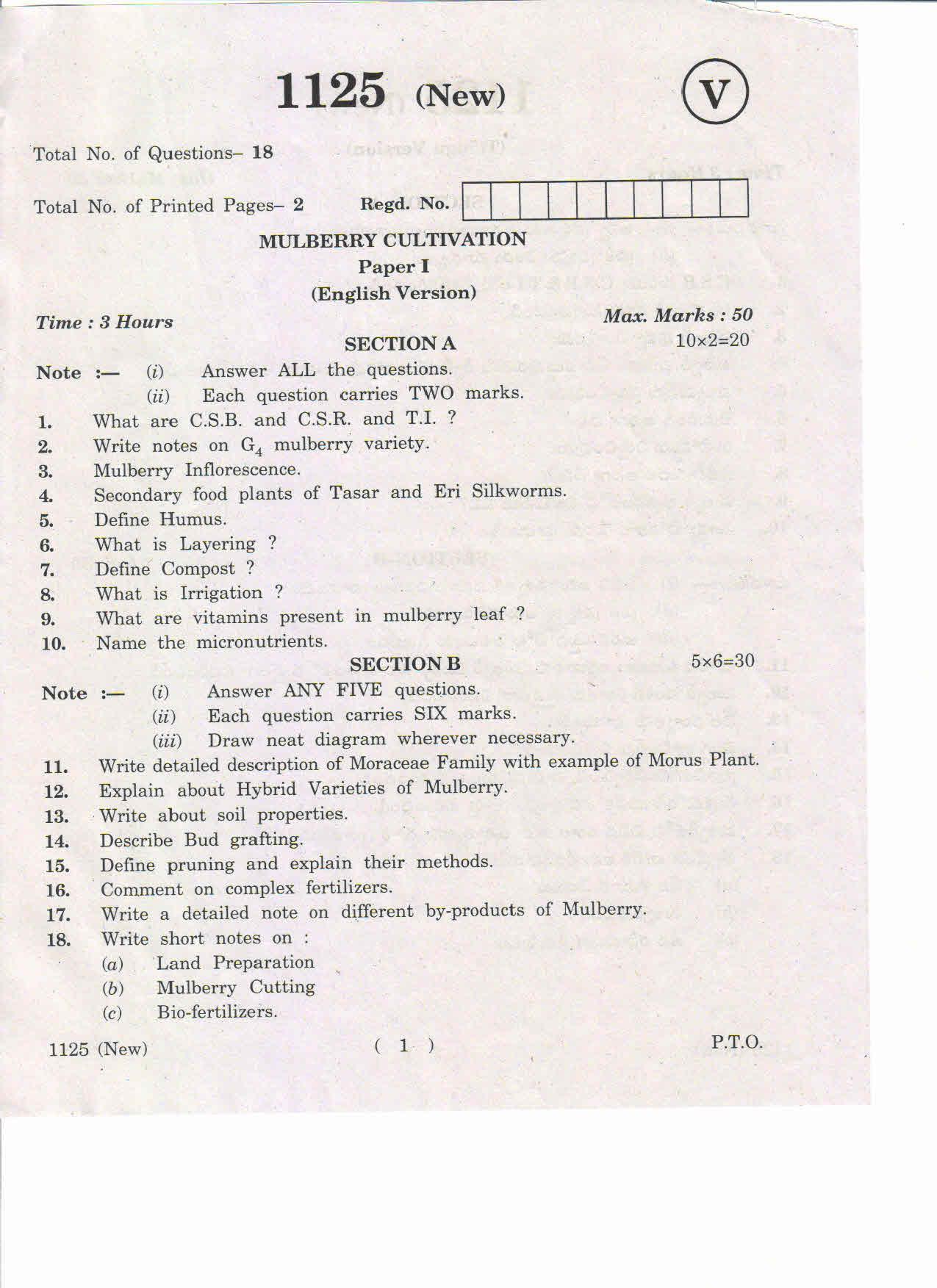 AP Inter 1st Year Mulberry Cultivation -I (New) May-2019-Vocational Question Paper - Page 1