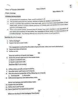 JKBOSE Class 11 Geology Model Question Paper 2023