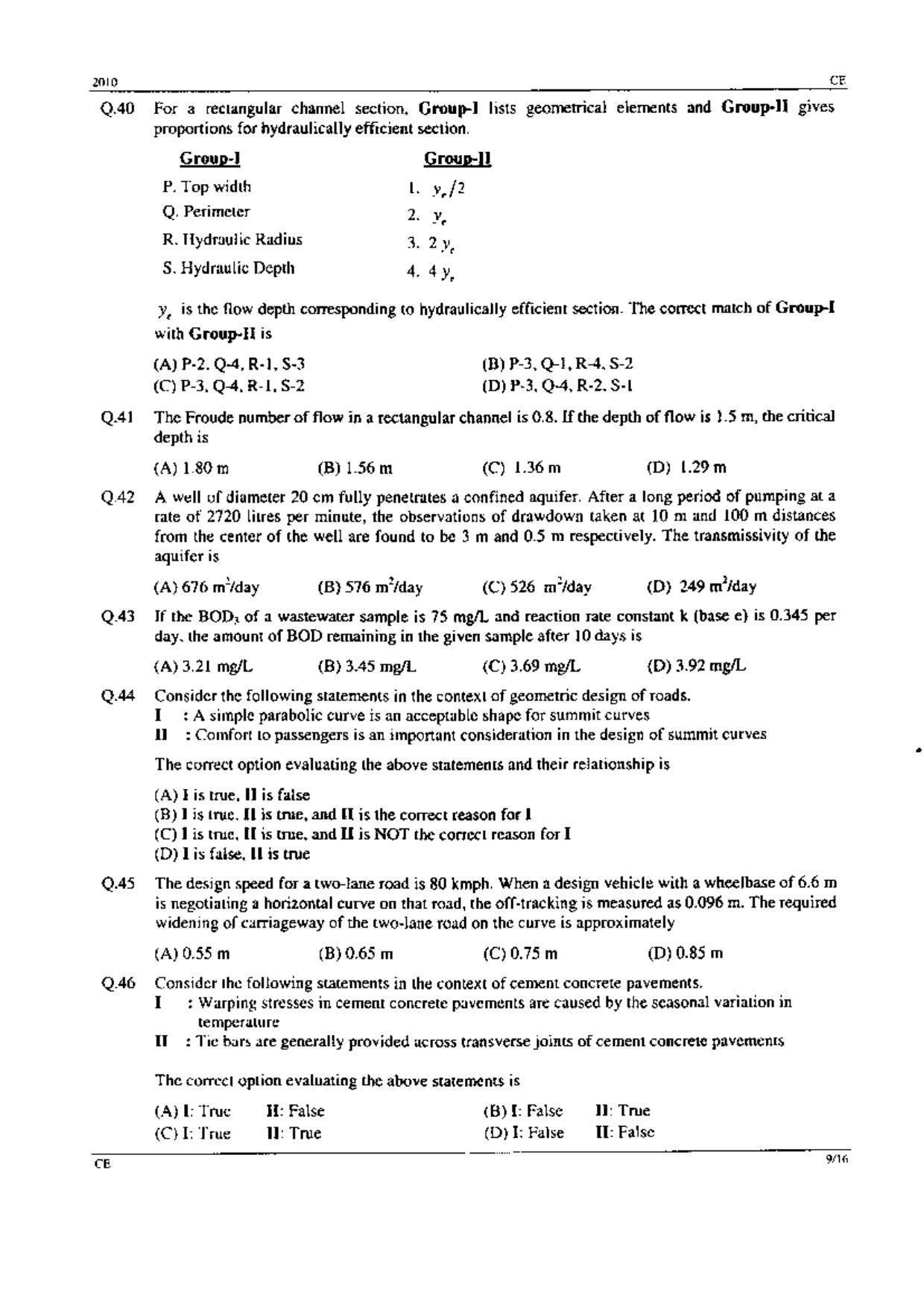 GATE 2010 Civil Engineering (CE) Question Paper with Answer Key - Page 9