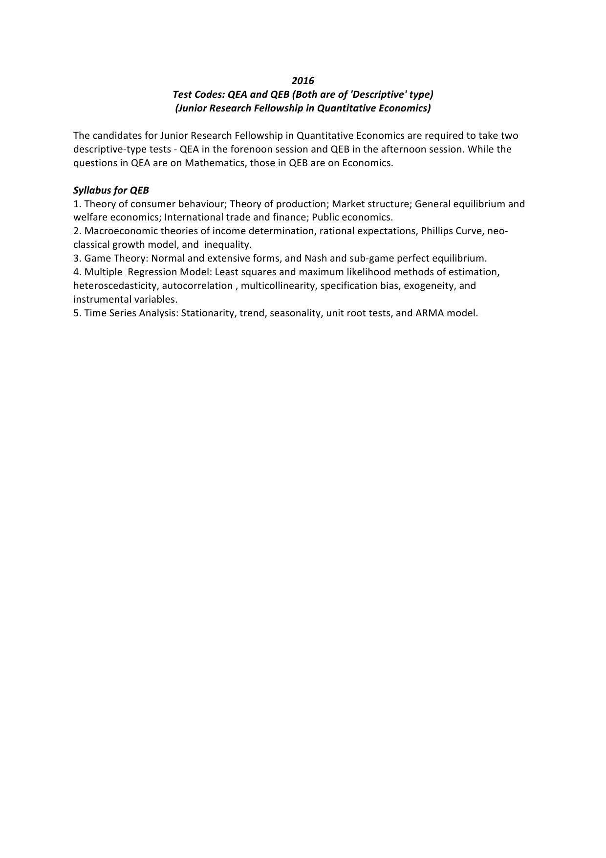 ISI Admission Test JRF in Quantitative Economics QEB 2016 Sample Paper - Page 1