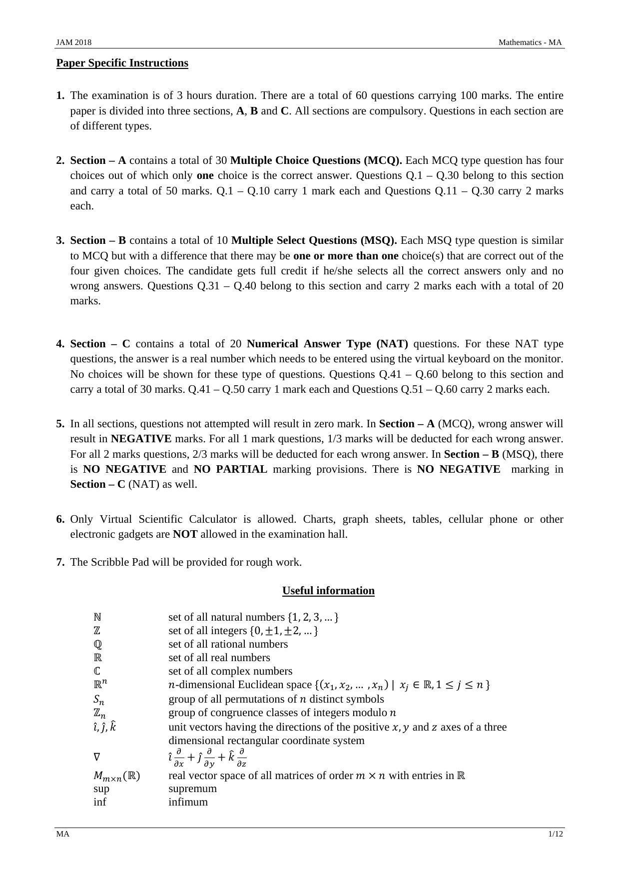 JAM 2018: MA Question Paper - Page 1