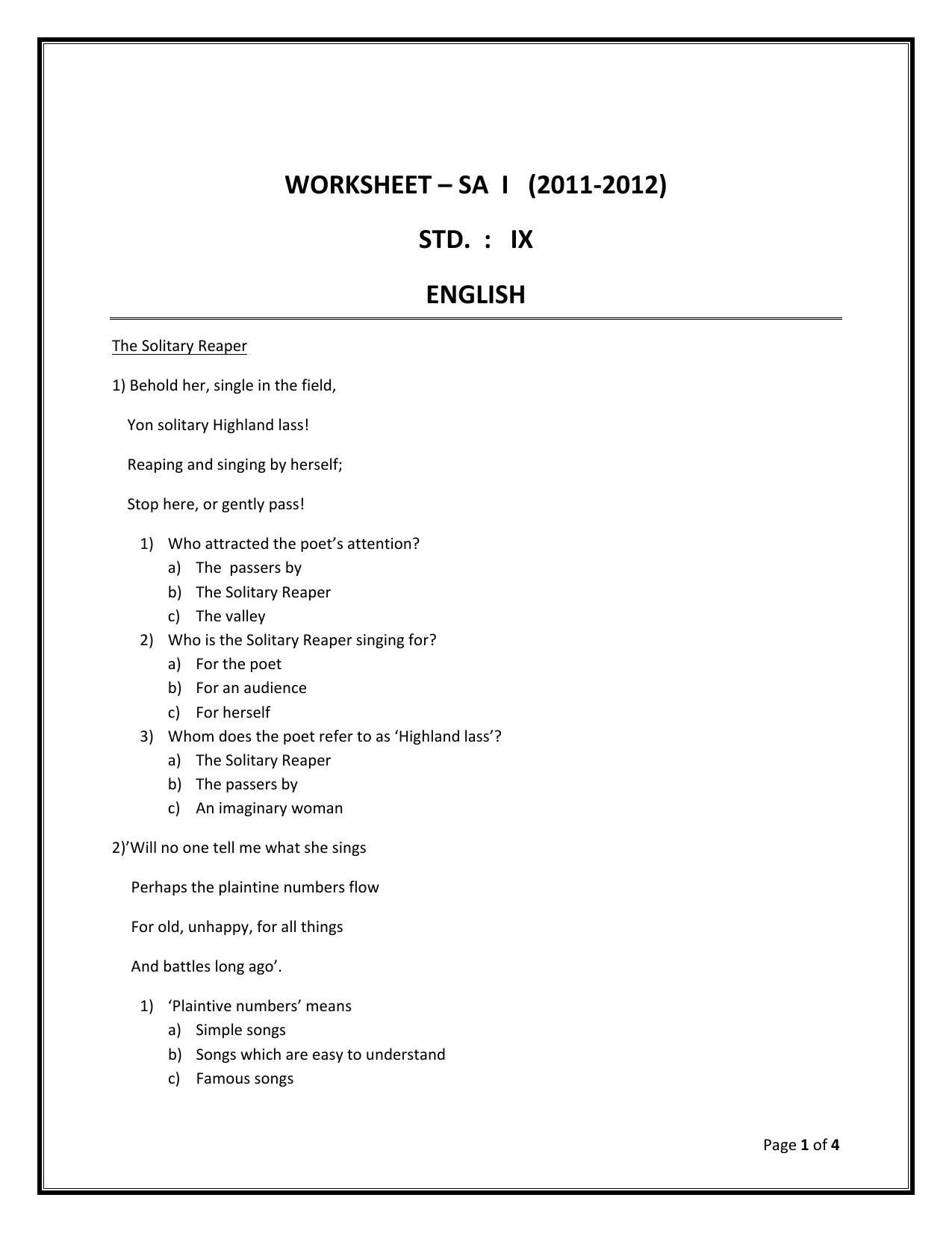 CBSE Worksheets for Class 9 English The Solitary Reaper Assignment - Page 1