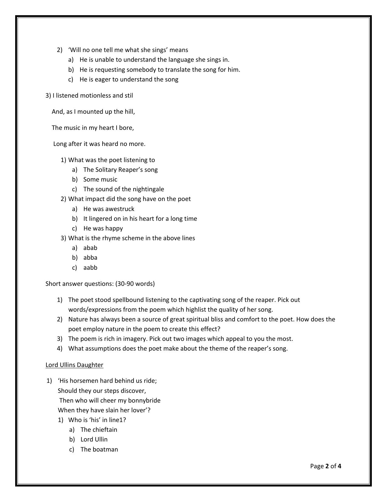 CBSE Worksheets for Class 9 English The Solitary Reaper Assignment - Page 2