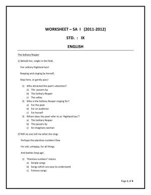 CBSE Worksheets for Class 9 English The Solitary Reaper Assignment
