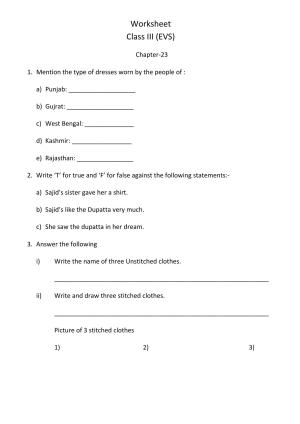 Worksheet for Class 3 EVS Assignment 95 Chapter 23