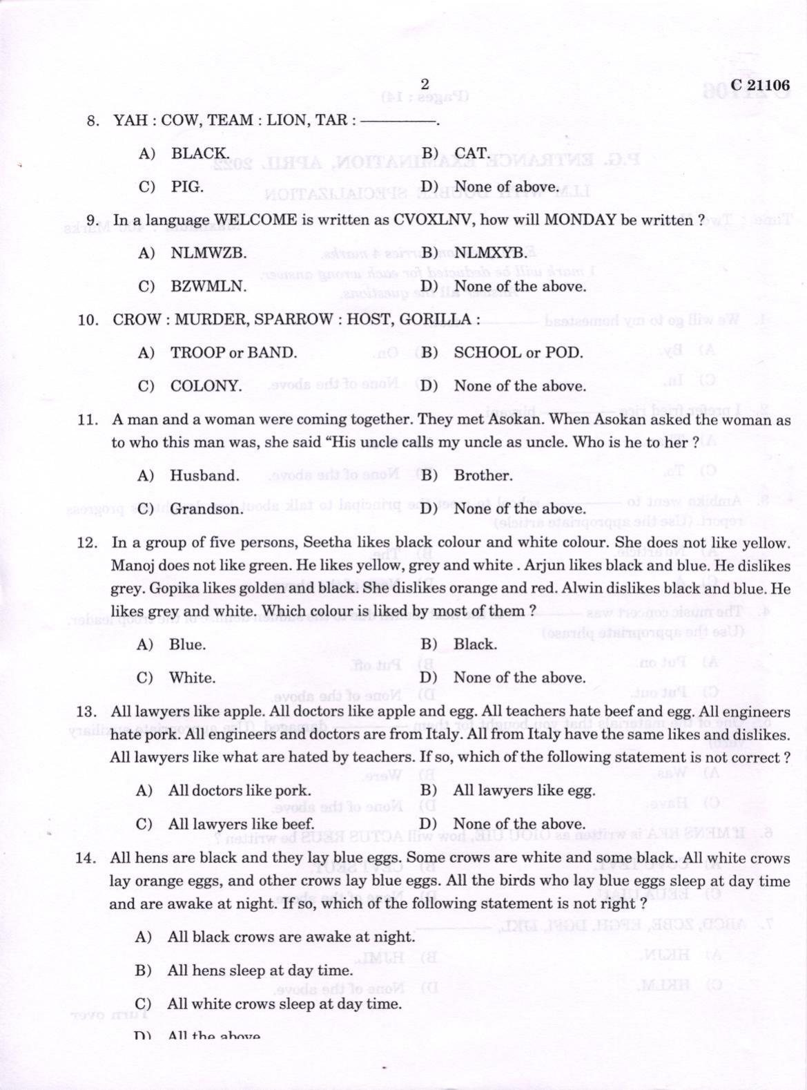 CUCAT 2022 LLM with Double Specialisation Question Paper - Page 2