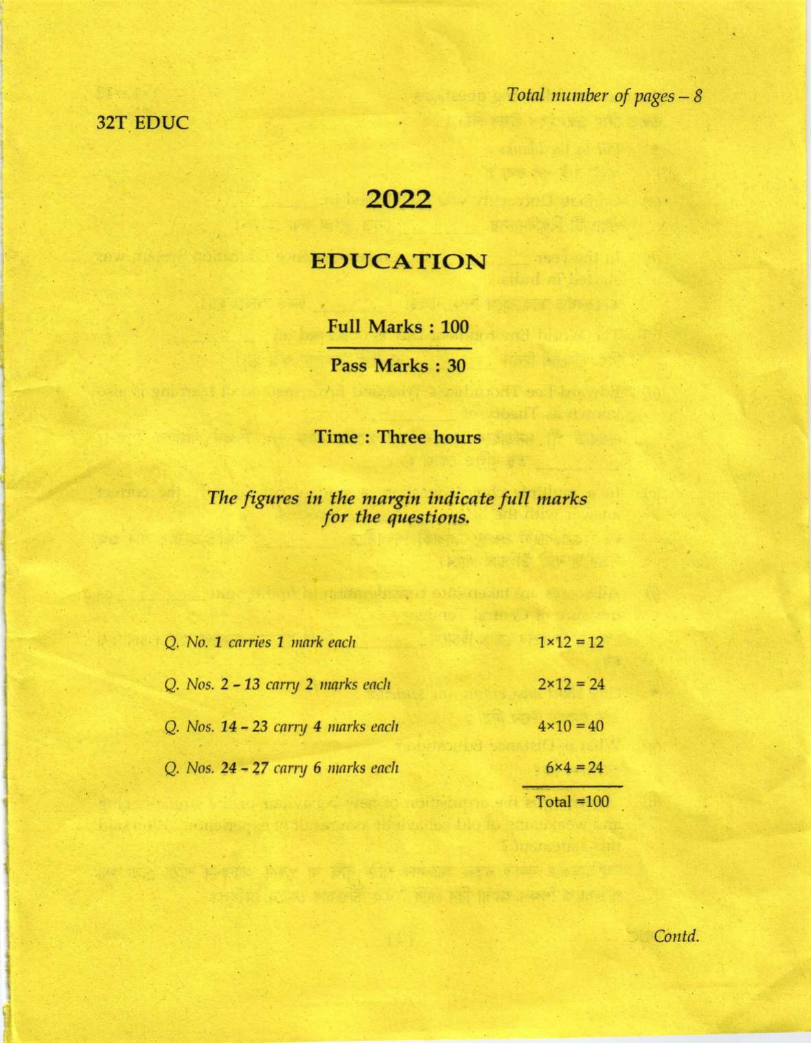Assam HS 2nd Year Education 2022 Question Paper - Page 1