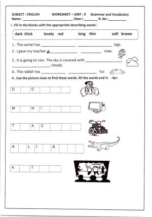 Worksheet for Class 1 English Assignment 29 Grammer and Vocabulary