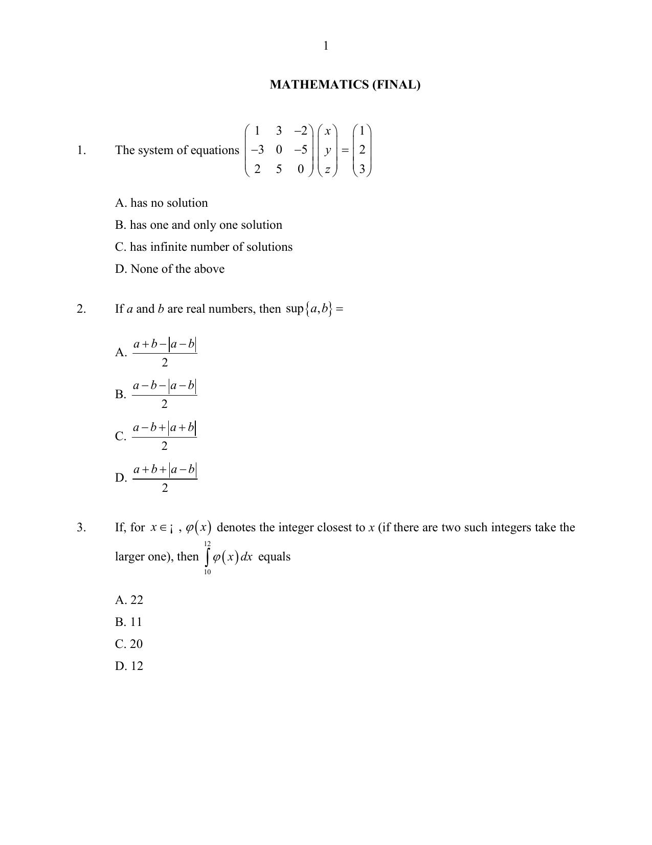 CUSAT CAT 2016 Mathematics Question Paper - Page 1