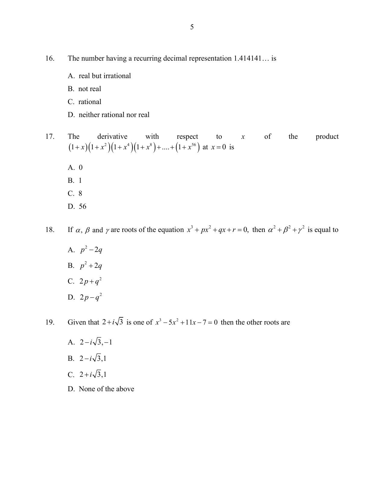 CUSAT CAT 2016 Mathematics Question Paper - Page 5